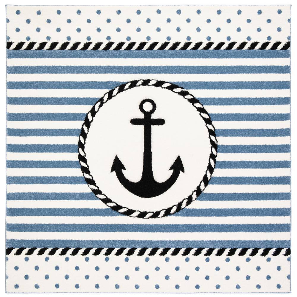 Ivory and Navy Striped Anchor Kids Area Rug, 4' x 4'