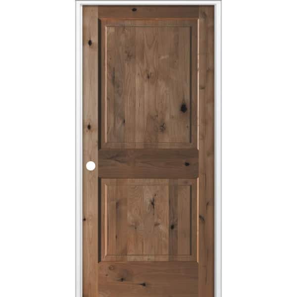 36 in. x 80 in Rustic Knotty Alder 2 Panel Square Top Right-Hand Single BEHR True Black Stain Wood Prehung Interior Door