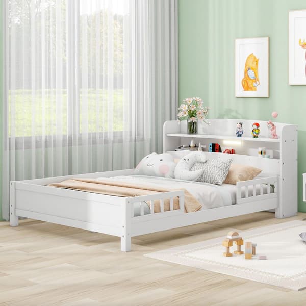White Wood Frame Full Platform Bed with Built-in LED Light, Storage Headboard and Guardrail