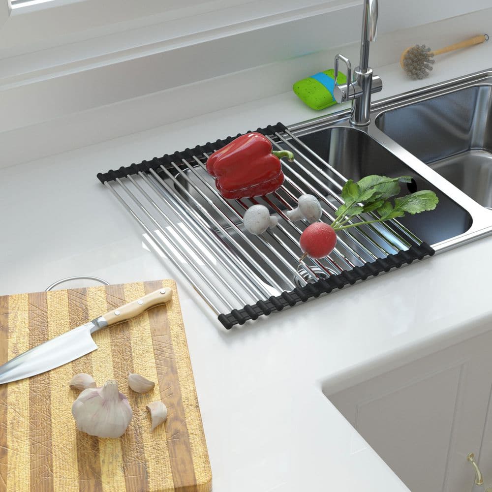 Expandable Roll Up Over-the-Sink Dish Drainer with Heat-Resistant Silicone, Brushed Stainless Steel Finish in Silver price history on PriceWatchPro