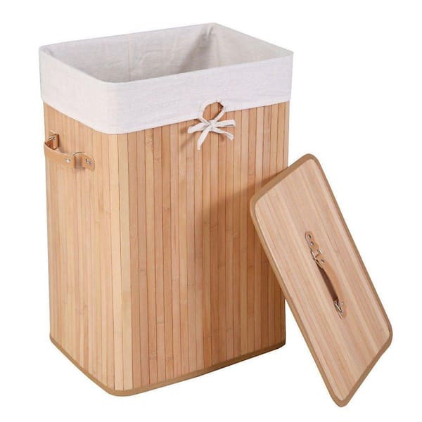 Yellow 12 in. x 24 in. Rectangle Bamboo Clothes Decorative Basket with Handles and Lid (Set of 1)
