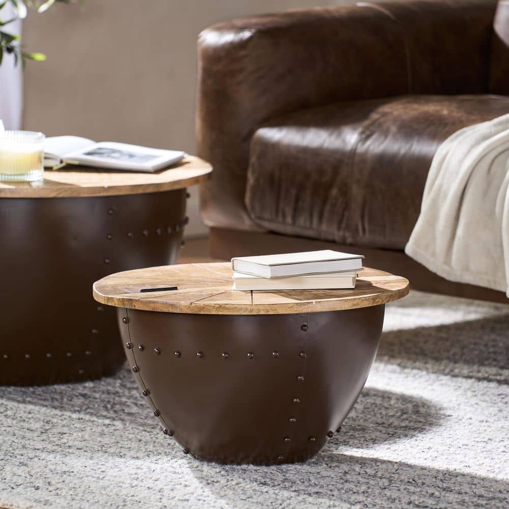 Noble House Absecon Natural Brown and Black Round Storage Coffee Table