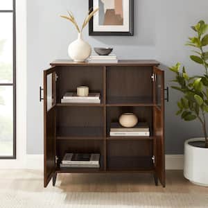 Dark Walnut Wood and Glass Transitional Grooved-Door Accent Cabinet with Adjustable Shelves