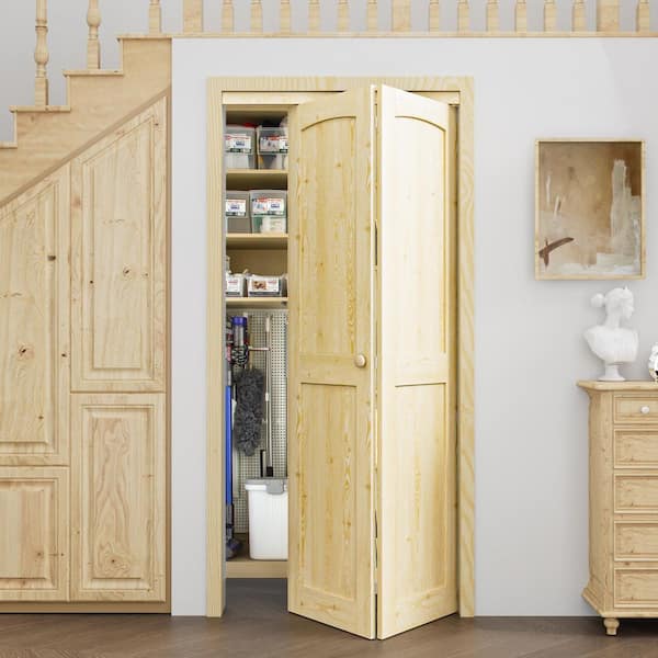 36 in. x 80 in. Arch Panel 2-Lite Solid Core Unfinished Pine Wood Interior Closet Bi-Fold Door with Hardware