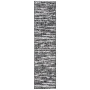 Courtyard Black/Ivory 2 ft. x 9 ft. Abstract Striped Indoor/Outdoor Patio  Runner Rug