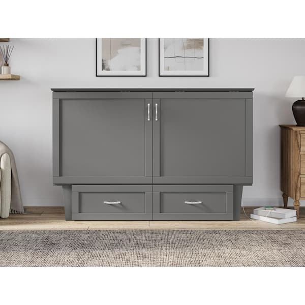AFI Chelsea Queen Grey Wood Murphy Bed Chest with Mattress, Storage