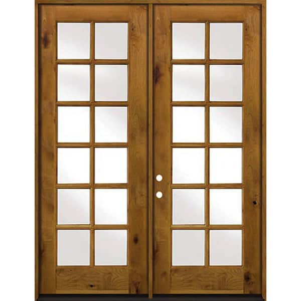 Krosswood Doors 64 in. x 96 in. French Knotty Alder Wood 12-Lite Clear Glass provincial stain Left Active Double Prehung Front Door