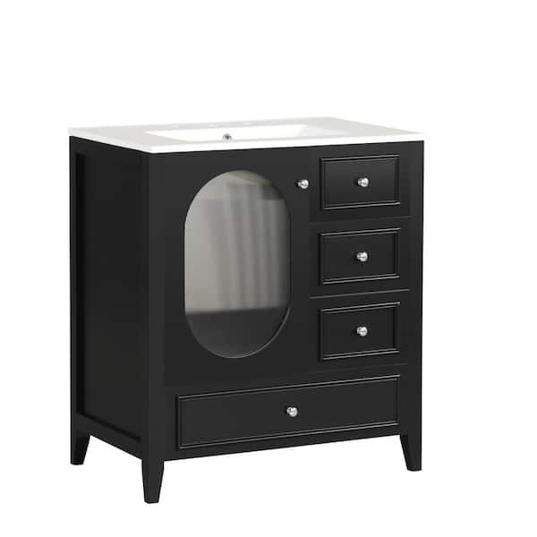 30 in. W x 18.3 in. Black Modern Freestanding Bathroom Vanity Cabinet with Ceramic White Vanity Top