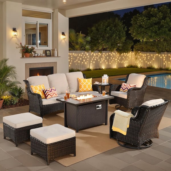 Joyoung Brown 7-Piece Wicker Patio Rectangle Fire Pit Conversation Set with Beige Cushions and Swivel Chairs