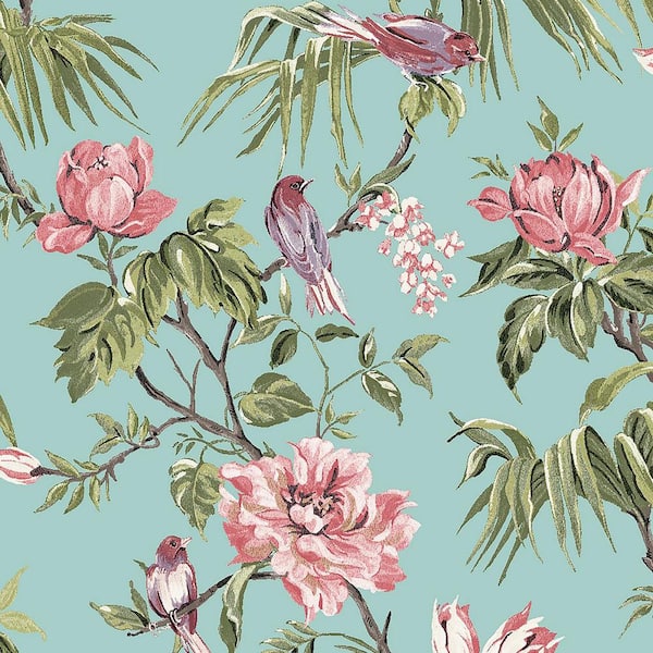 Birds and Blooms Duck Egg Wallpaper