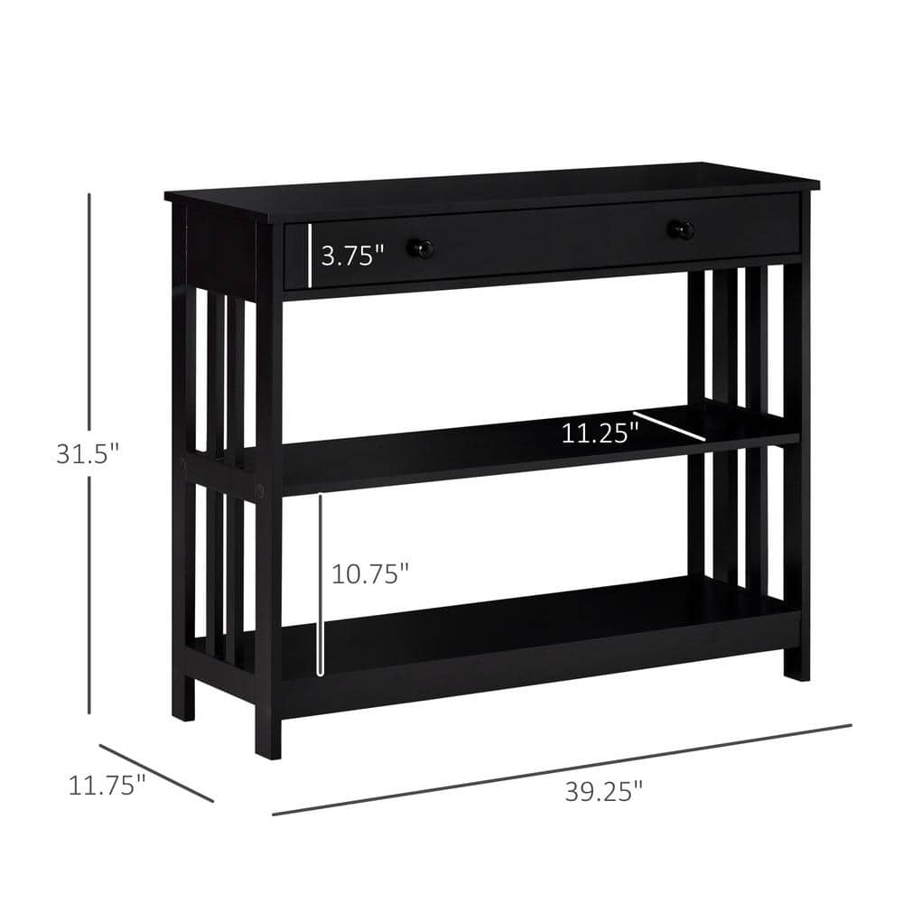 Black Wood Console Table with Drawer and Shelves