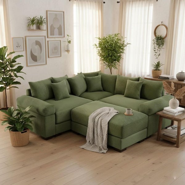 WZSRLG 79 in. Straight Arm 4-Piece Corduroy Modular Sectional Sofa with Ottoman & Ergonomic Design in Olive Green