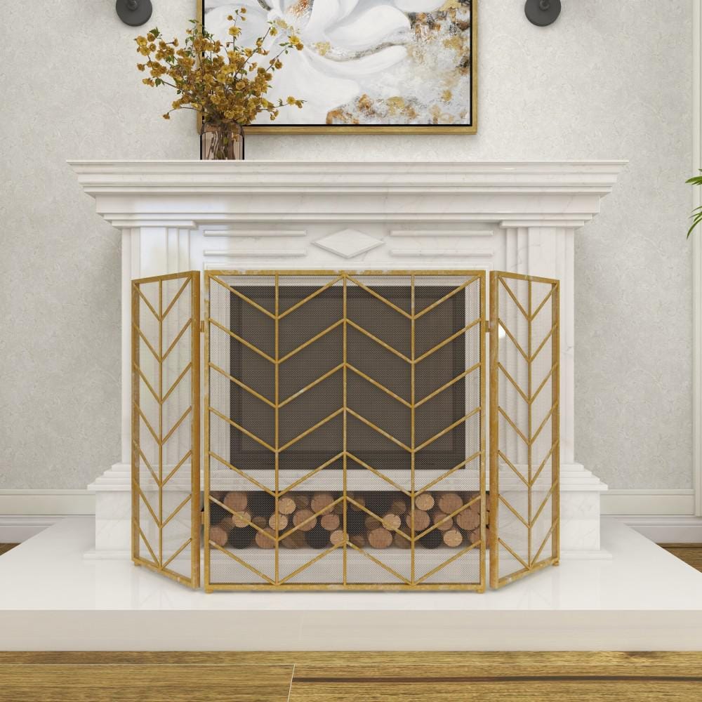 Gold 52" Chevron Pattern Mesh 3-Panel Fireplace Screen