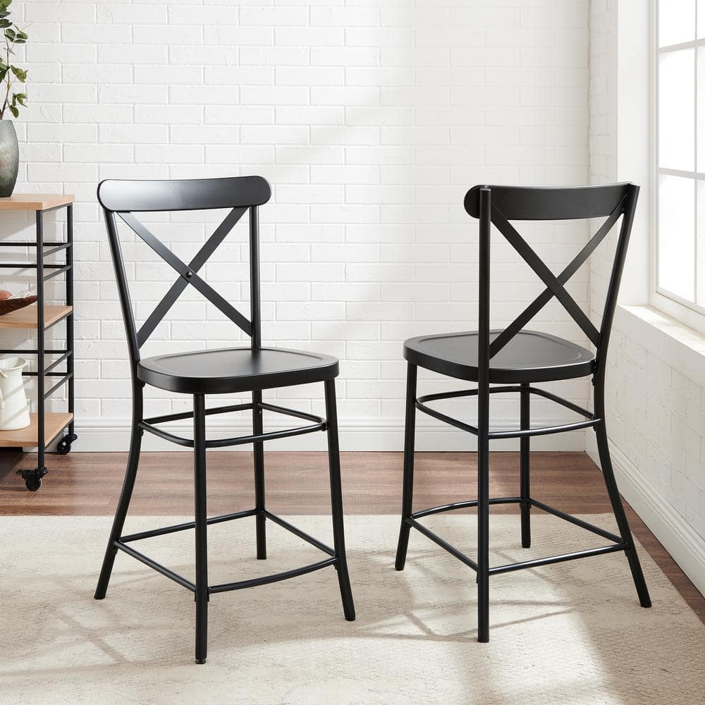French Industrial Revival Matte Black Steel Counter Stools, Set of 2