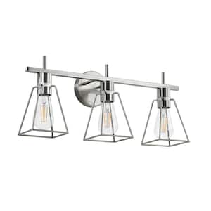 22 in. 3-Light Brushed Nickel Vanity-Light with Metal Cage Shade Rustic Farmhouse Bathroom-Light Fixture