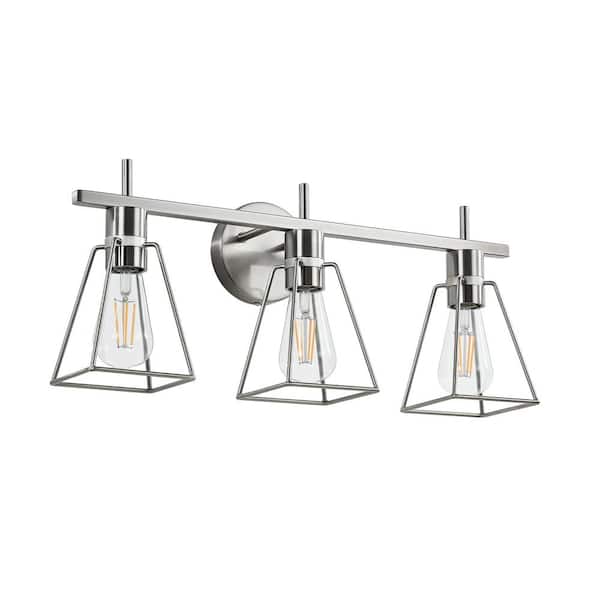 KAISITE 22 in. 3-Light Brushed Nickel Vanity-Light with Metal Cage Shade Rustic Farmhouse Bathroom-Light Fixture