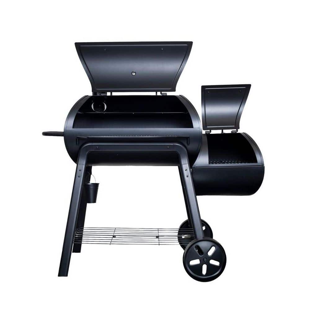 Outdoor Leisure Collection Charcoal Offset Smoker in Black with 3-Porcelain Cooking Grids and Offset Firebox