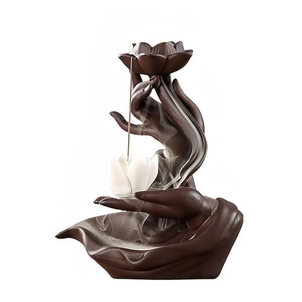 Lotus Hand Ceramic Backflow Incense Burner with 50-Cones and 40-Sticks
