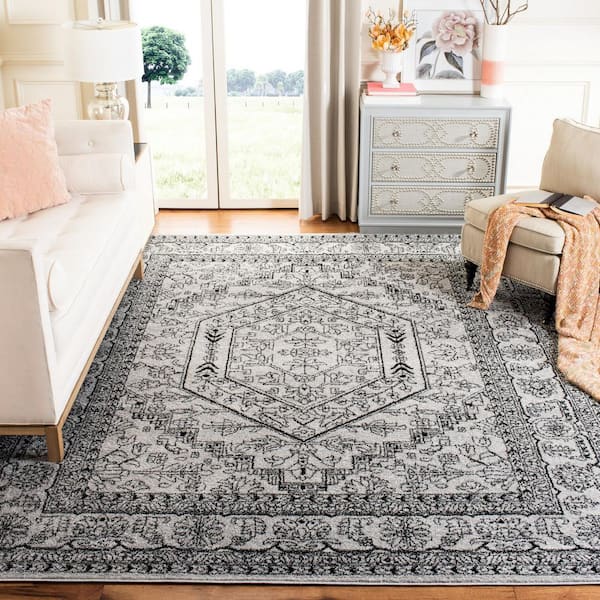 Adirondack Silver/Black 12 ft. x 12 ft. Border Medallion Square Area Rug