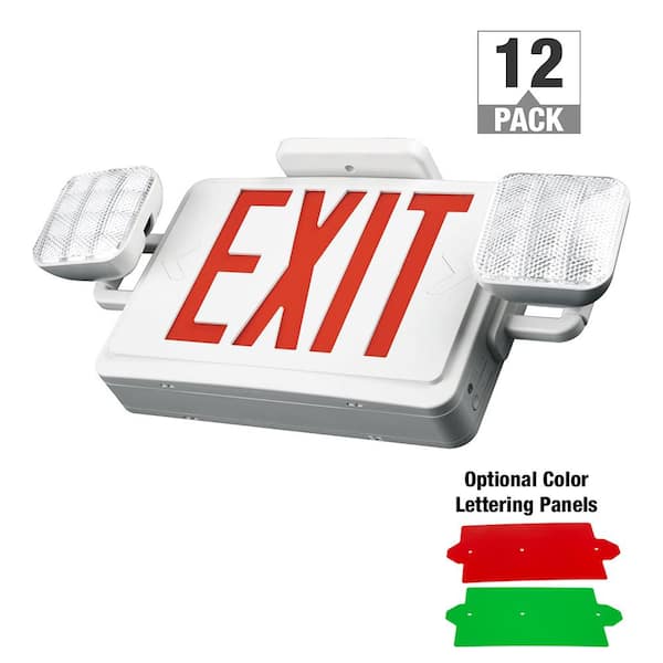 ETI LIGHTING 60-Watt Equivalent White Integrated LED Emergency Light Exit Sign Combination Red or Green Lettering (12-Pack)