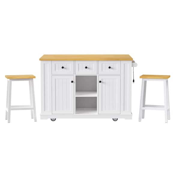 Boosicavelly 53 in. White Wood Kitchen Cart with Cabinets and 3 Drawers