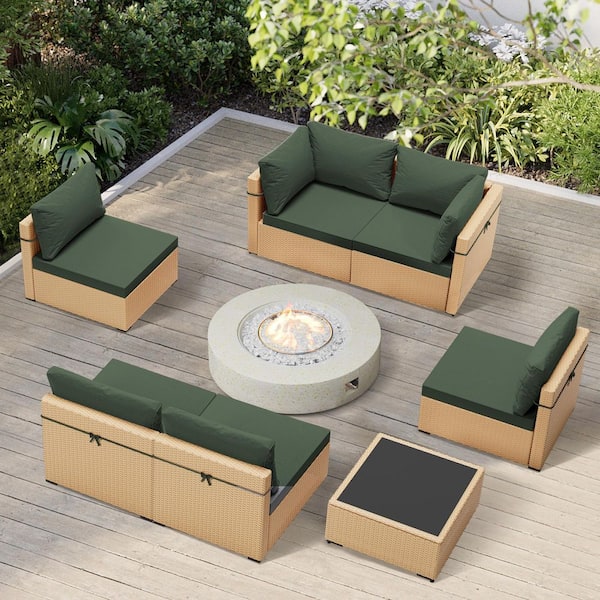 PATIO WATCHER 8-Piece Rattan Patio Conversation Set with Cushions and 42 in. Outdoor Round Fire Pit Table, Pine Green Cushions