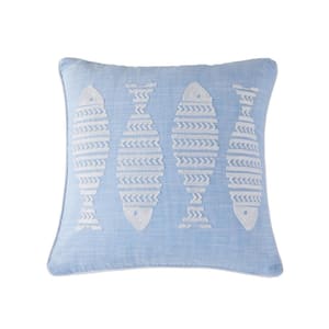 Blue Sea Blue and Cream Fish Embroidered 18 in. x 18 in. Throw Pillow
