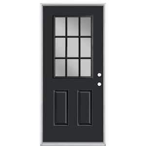 36 in. x 80 in. 9 Lite Jet Black Left Hand Inswing Painted Smooth Fiberglass Prehung Front Door with No Brickmold