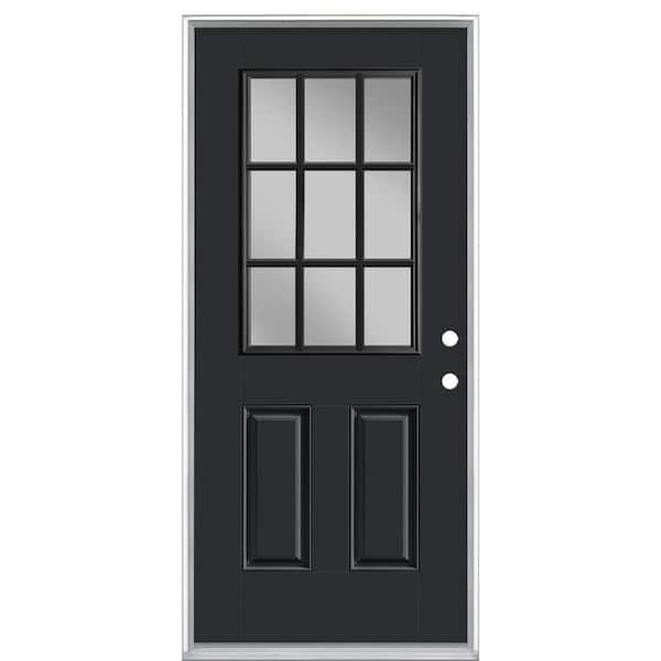 Masonite 36 in. x 80 in. 9 Lite Jet Black Left Hand Inswing Painted Smooth Fiberglass Prehung Front Door with No Brickmold