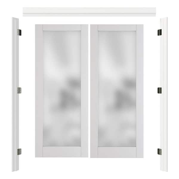 60 in. x 80 in. White Full Lite Frosted Glass Pine Wood Universal Pre-Hung French Door with Quick Assemble Jamb