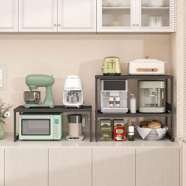 Expandable Stackable Kitchen Countertop Organizer, Adjustable Metal Cabinet Shelf for Pantry and Bathroom, Black
