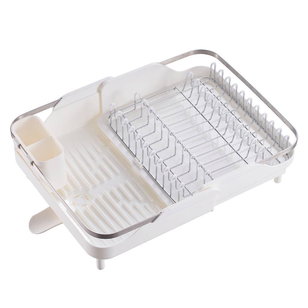 Expandable White and Stainless Steel Dish Drying Rack with Utensil Cup