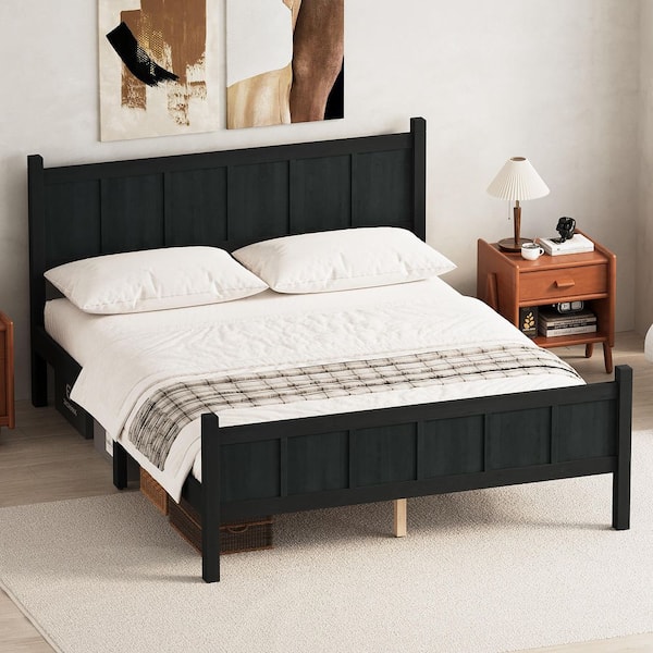 Black Wood Frame Queen Size Platform Bed with Headboard & Footboard,wood Grain Finish
