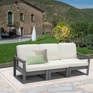 Slate Grey HDPE Recycled Plastic Outdoor Sectional Sofa with Beige Cushions (3-Piece)