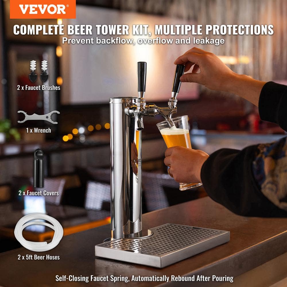 Dual Taps Stainless Steel Beer Dispenser with Chrome-Plated Brass Faucets
