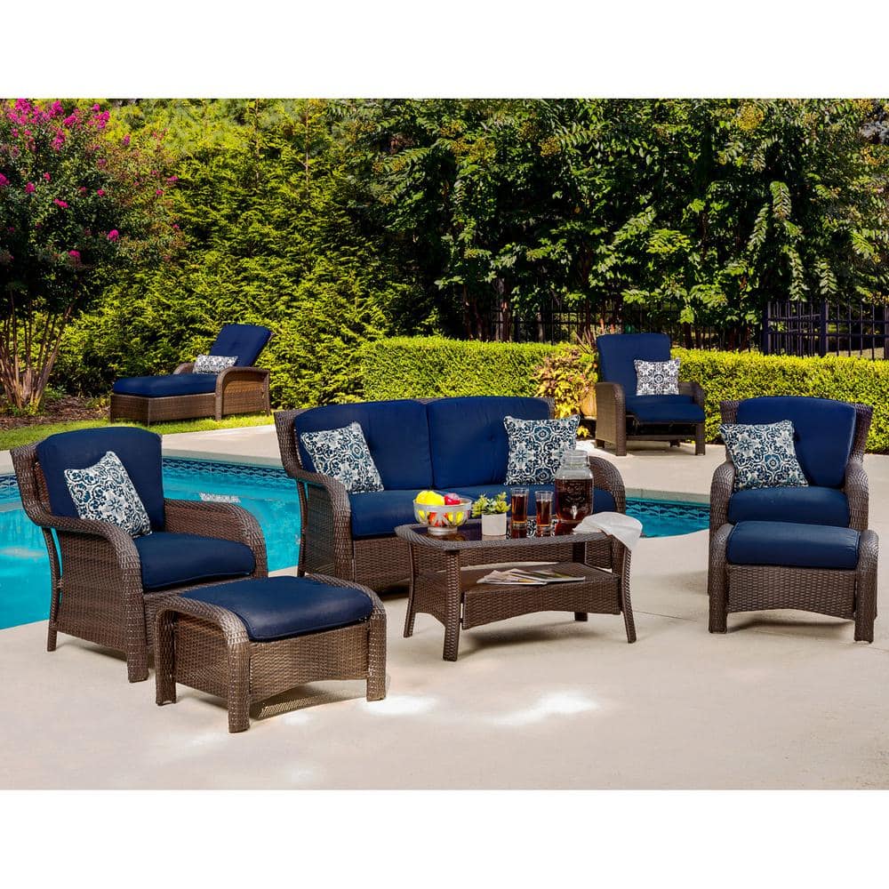 Hanover Strathmere 6-Piece All-Weather Wicker Patio Deep Seating Set with Navy Blue Cushions, 4 Pillows, Coffee Table -  013964863451