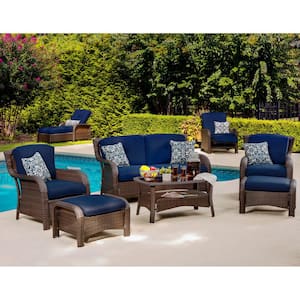 Strathmere 6-Piece All-Weather Wicker Patio Deep Seating Set with Navy Blue Cushions, 4 Pillows, Coffee Table
