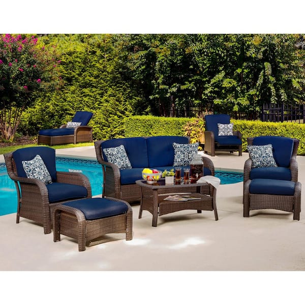 Hanover Strathmere 6-Piece All-Weather Wicker Patio Deep Seating Set with Navy Blue Cushions, 4 Pillows, Coffee Table