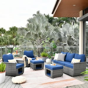 Sierra Black 5-Piece Wicker Multi-Functional Pet Friendly Outdoor Patio Conversation Sofa Set with Navy Blue Cushions