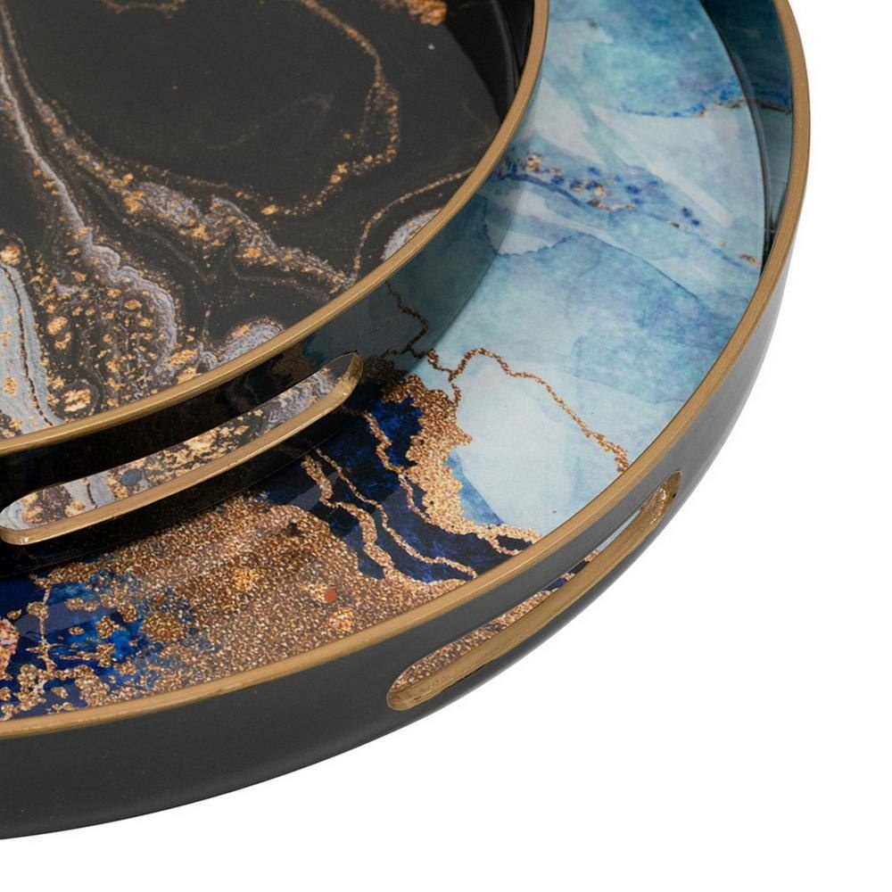 Set of 2 Blue and Gold Faux Marble Round Trays