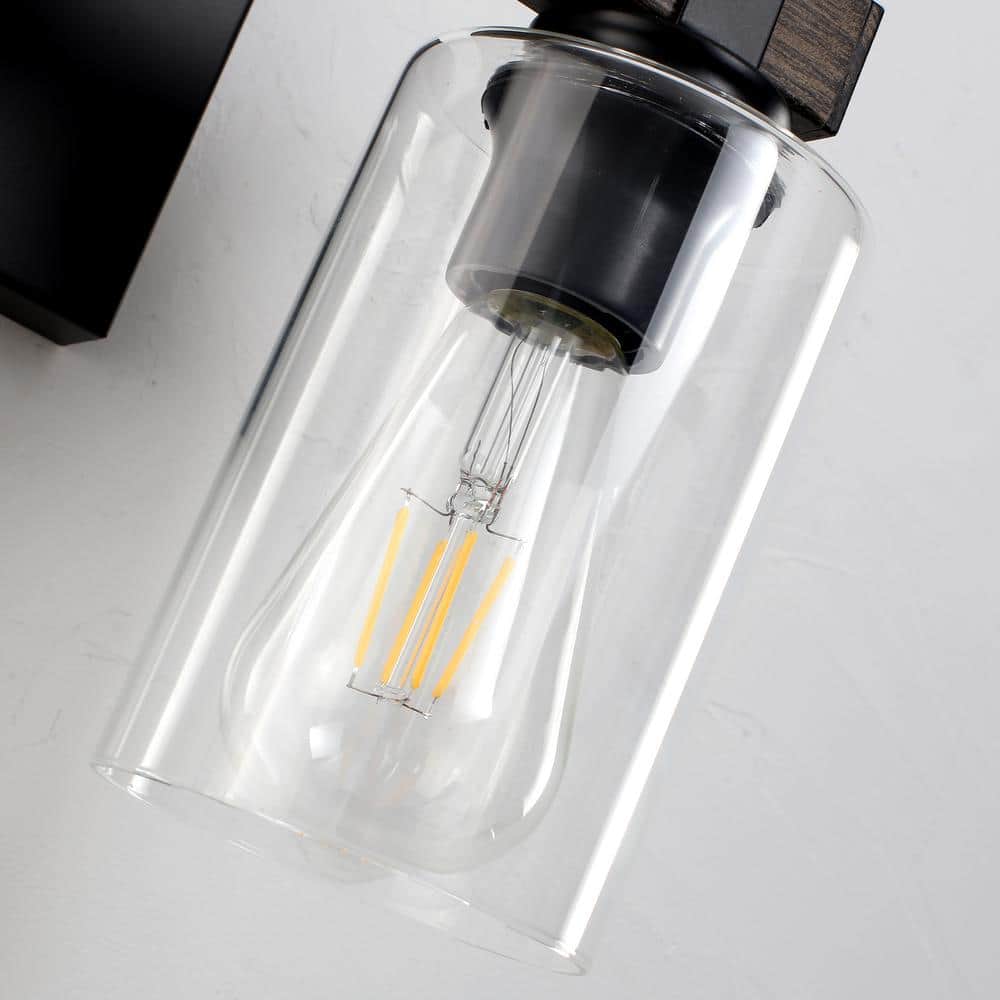 14.96'' Black and Wood Grain Metal Vanity Light with Clear Glass Shades