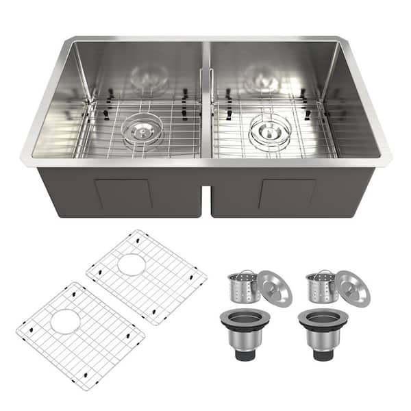 CASAINC 32 in. Undermount Double Bowl 18 Gauge Brushed Stainless Steel Kitchen Sink with Bottom Grid and Basket Strainer