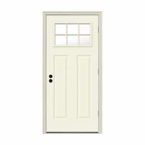 32 in. x 80 in. 6 Lite Craftsman Vanilla Painted Steel Prehung Left-Hand Outswing Front Door w/Brickmould