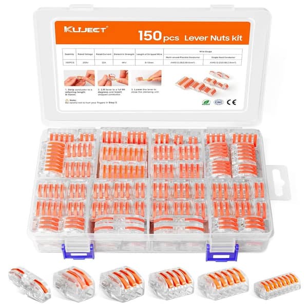Lukyamzn 150-Pcs Electrical Lever Wire Connectors AWG 28-12 Kit with 2/3/4/5/8 Conductor Combination & 2 Circuit Inline Splices