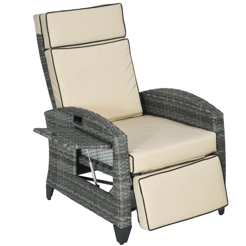 Patio Recliner Chair, Adjustable Backrest, Cushion, Side Tray, Comfortable Outdoor Seating, Khaki