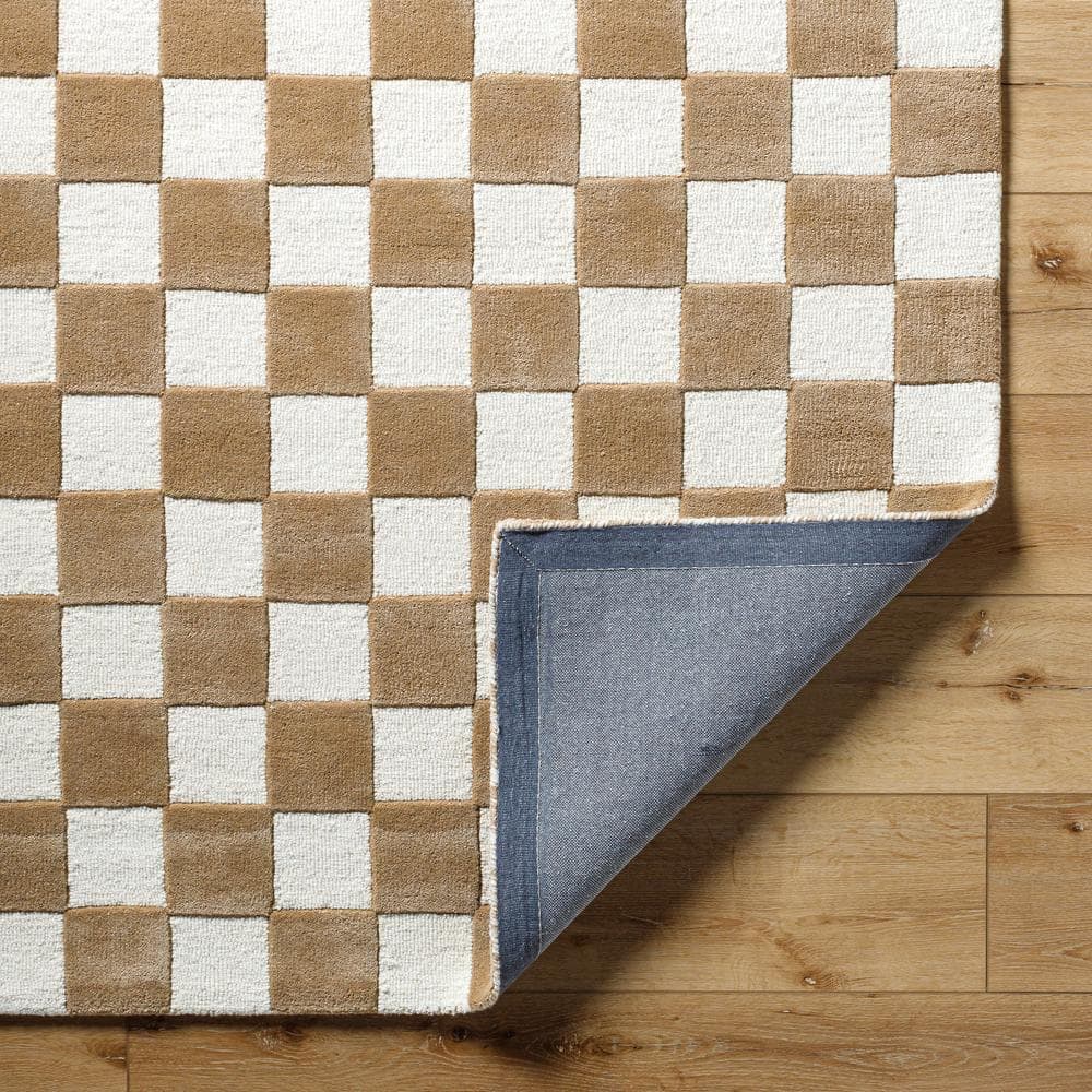 Tan and White Hand Tufted Wool Checkered Area Rug 8' x 10'