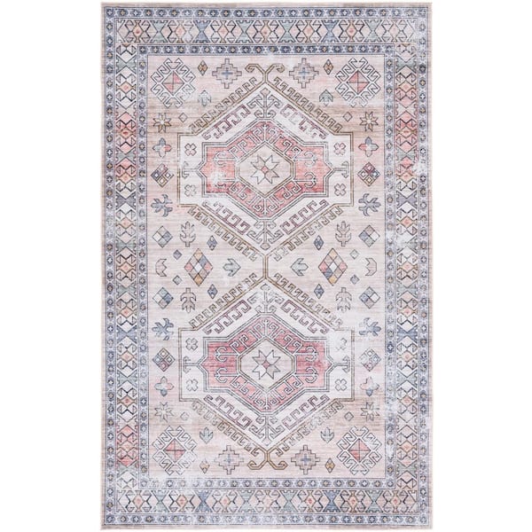 SAFAVIEH Tuscon Beige/Green 9 ft. x 12 ft. Machine Washable Distressed Floral Border Area Rug