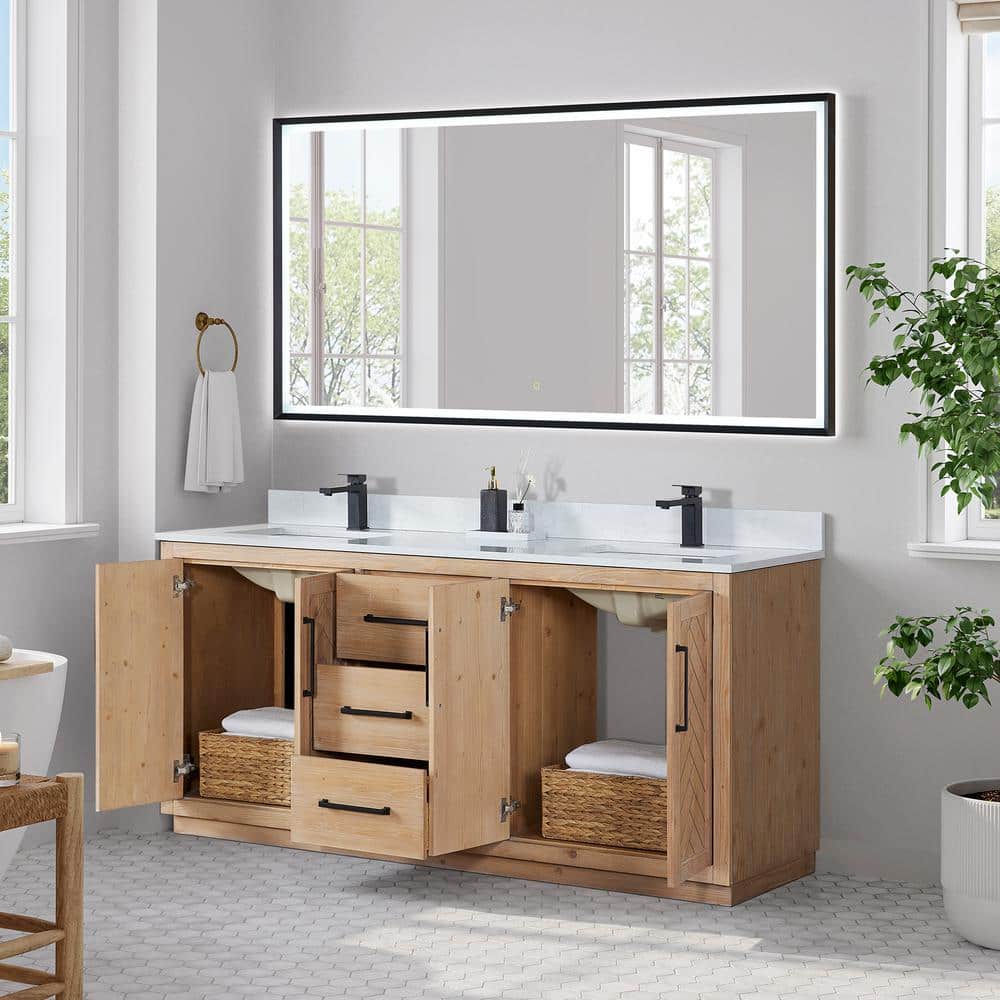 Anais 72" Light Brown Fir Wood Vanity with White Stone Top and Mirror