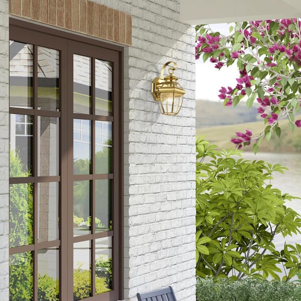 Aston 12.5 in. 1-Light Polished Brass Outdoor Hardwired Wall Lantern Sconce with No Bulbs Included