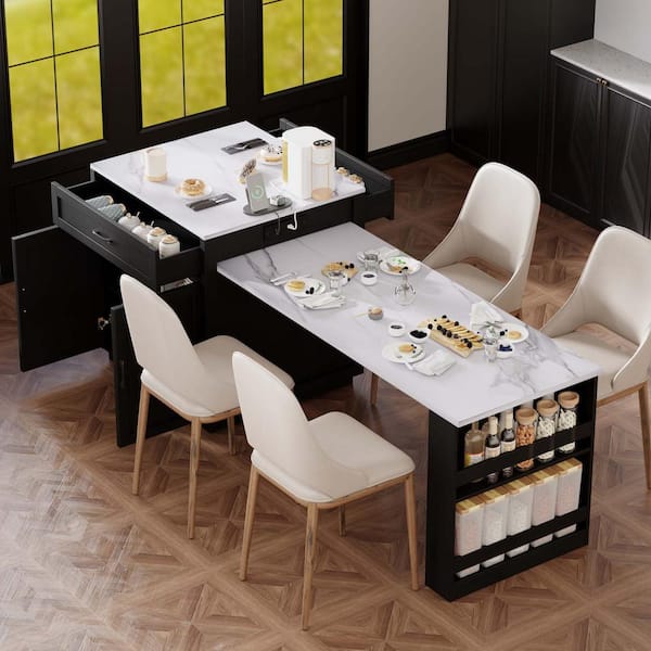 Unbranded Black Wood 55.1 in. Kitchen Island with Extendable Faux Marble Table, Kitchen Island Cart with Power Outlet and Storage